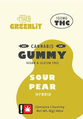 GreenLit | Sour Pear | 100MG | Hybrid | Single Gummy