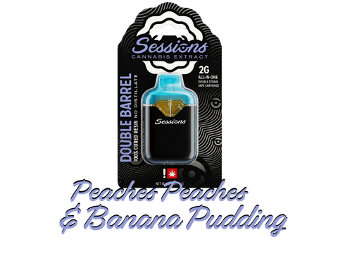 SESSIONS | CURED RESIN | DOUBLE BARREL CARTRIDGE - 2 STRAINS | BANANA PUDDING & PEACHES PEACHES | INDICA | 2 GRAMS | DISPOSABLE