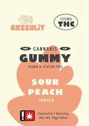 GreenLit | Sour Peach | 100MG | Indica | Single Gummy