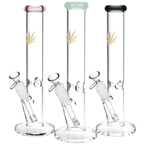 Gold Hemp Leaf Straight Tube Glass Water Pipe 12"