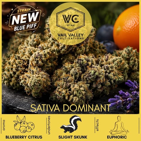 Blue Piff 3.5g Cannabis Flower by Vail Valley Cultivations | Golden Rookie