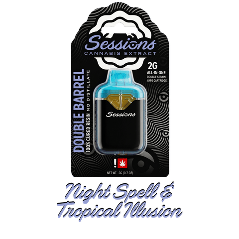 SESSIONS | CURED RESIN | DOUBLE BARREL CARTRIDGE - 2 STRAINS | NIGHT SPELL & TROPICAL ILLUSION | HYBRID | 2 GRAMS | DISPOSABLE