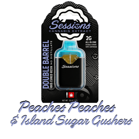 SESSIONS | CURED RESIN | DOUBLE BARREL CARTRIDGE - 2 STRAINS | PEACHES PEACHES & ISLAND SUGAR GUSHERS | HYBRID | 2 GRAMS | DISPOSABLE