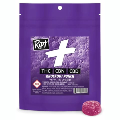 Ripple Ript Plus Gummies | Knockout Punch 1:1:1 THC:CBN:CBD 100mg Rec