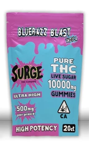 Surge Pure THC Gummies Live Sugar 10000MG 20 ct Bluerazz Blast Indica