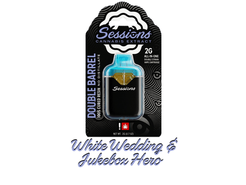 SESSIONS | CURED RESIN | DOUBLE BARREL CARTRIDGE - 2 STRAINS | WHITE WEDDING & JUKEBOX HERO | HYBRID | 2 GRAMS | DISPOSABLE