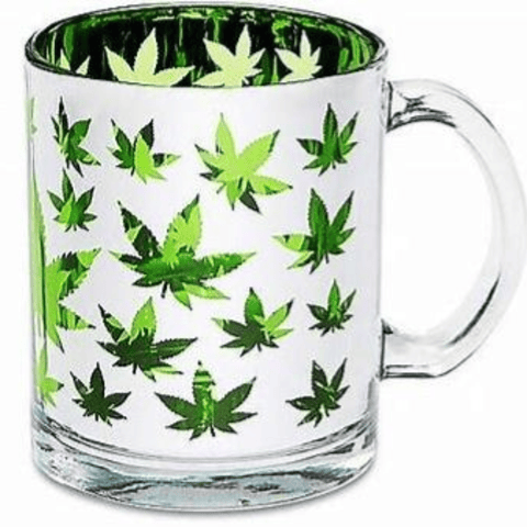 Glass Coffee Mug 16 oz Silver Green Pot Leaves