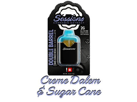 SESSIONS | CURED RESIN | DOUBLE BARREL CARTRIDGE - 2 STRAINS | CREME DALEM & SUGAR CANE | INDICA & HYBRID | 2 GRAMS | DISPOSABLE