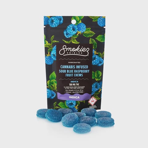 Sour Blue Raspberry Indica Fruit Chews by Smokiez | Golden Rookie