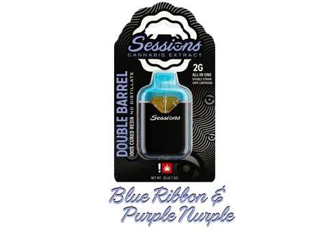 SESSIONS | CURED RESIN | DOUBLE BARREL CARTRIDGE - 2 STRAINS | BLUE RIBBON & PURPLE NURPLE | SATIVA | 2 GRAMS | DISPOSABLE