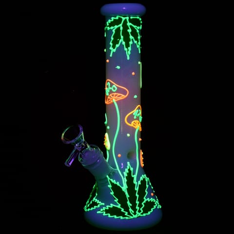 420 Hemp Leaf and Shrooms Glow in the Dark Water Pipe 9.5"