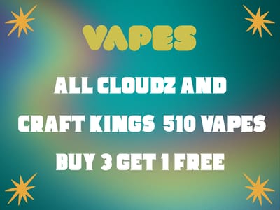 Buy 3 Get 1 FREE on all CloudZ and Craft Kings 510 Vapes. *Disposables Not Included*