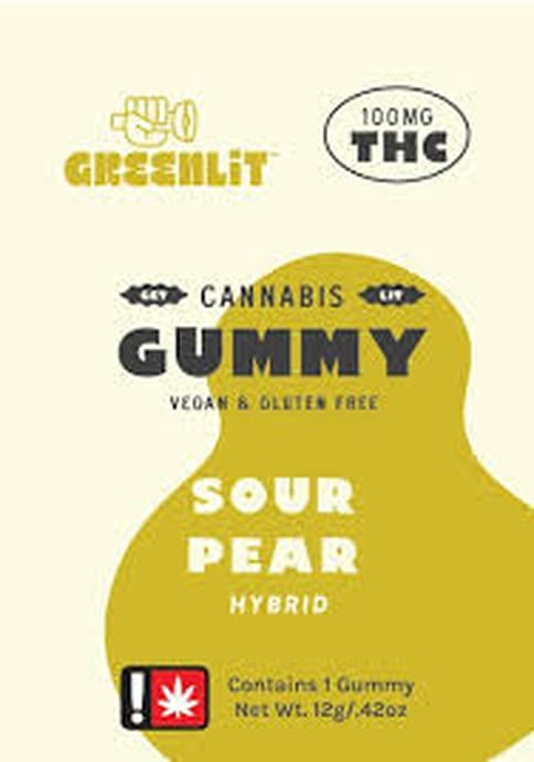 GreenLit | Sour Pear | 100MG | Hybrid | Single Gummy