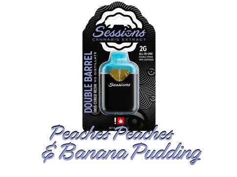 SESSIONS | CURED RESIN | DOUBLE BARREL CARTRIDGE - 2 STRAINS | BANANA PUDDING & PEACHES PEACHES | INDICA | 2 GRAMS | DISPOSABLE