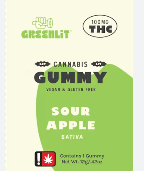 GreenLit | Sour Apple | 100MG | Sativa | Single Gummy