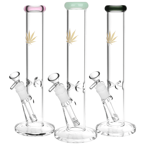 Gold Hemp Leaf Straight Tube Glass Water Pipe 12"