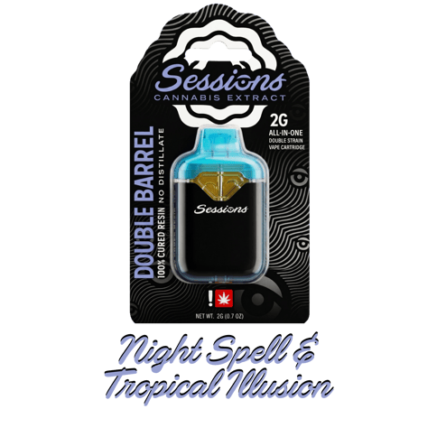 SESSIONS | CURED RESIN | DOUBLE BARREL CARTRIDGE - 2 STRAINS | NIGHT SPELL & TROPICAL ILLUSION | HYBRID | 2 GRAMS | DISPOSABLE