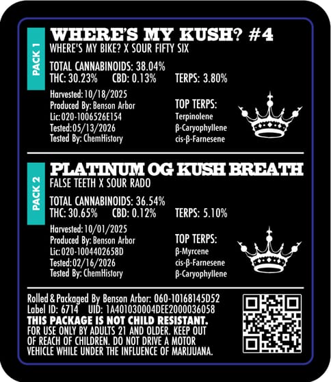 Where's My Kush?/Platinum OG Kush Breath 12pk Pre-Rolls (Benson Arbor)