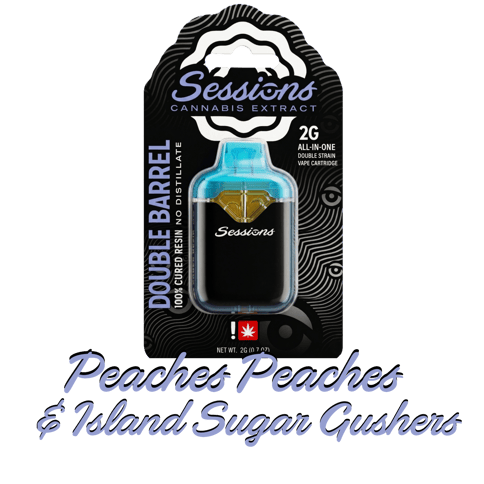 SESSIONS | CURED RESIN | DOUBLE BARREL CARTRIDGE - 2 STRAINS | PEACHES PEACHES & ISLAND SUGAR GUSHERS | HYBRID | 2 GRAMS | DISPOSABLE