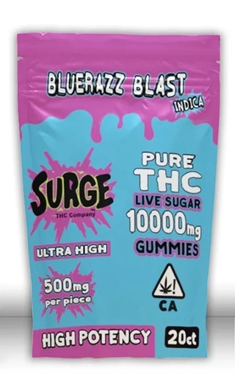 Surge Pure THC Gummies Live Sugar 10000MG 20 ct Bluerazz Blast Indica