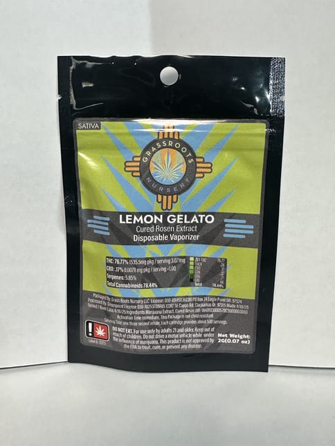 Grass Roots | Lemon Gelato | 2G | Sativa | Cured resin/Rosin | Disposable