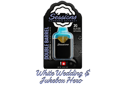 SESSIONS | CURED RESIN | DOUBLE BARREL CARTRIDGE - 2 STRAINS | WHITE WEDDING & JUKEBOX HERO | HYBRID | 2 GRAMS | DISPOSABLE