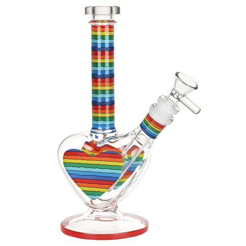 Rainbow Striped Heart Glass Water Pipe | 8.5" | 14mm F
