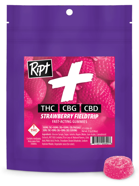 Ript | 100mg Gummies | Strawberry Fieldtrip | THC:CBG