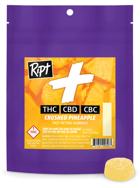 Ript | 100mg Gummies | Crushed Pineapple | THC:CBD:CBC