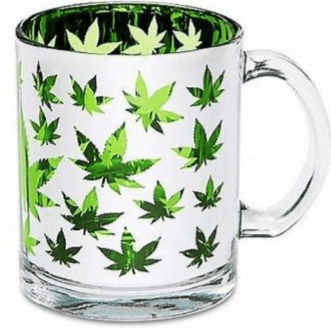 Glass Coffee Mug 16 oz Silver Green Pot Leaves