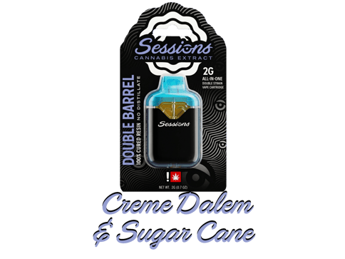 SESSIONS | CURED RESIN | DOUBLE BARREL CARTRIDGE - 2 STRAINS | CREME DALEM & SUGAR CANE | INDICA & HYBRID | 2 GRAMS | DISPOSABLE