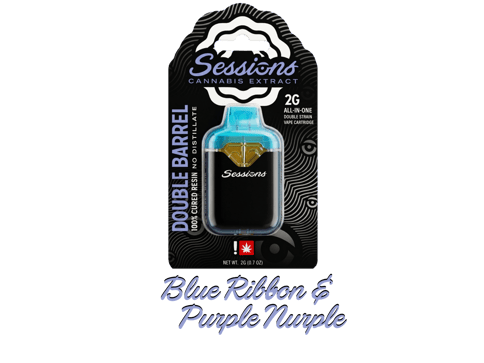 SESSIONS | CURED RESIN | DOUBLE BARREL CARTRIDGE - 2 STRAINS | BLUE RIBBON & PURPLE NURPLE | SATIVA | 2 GRAMS | DISPOSABLE